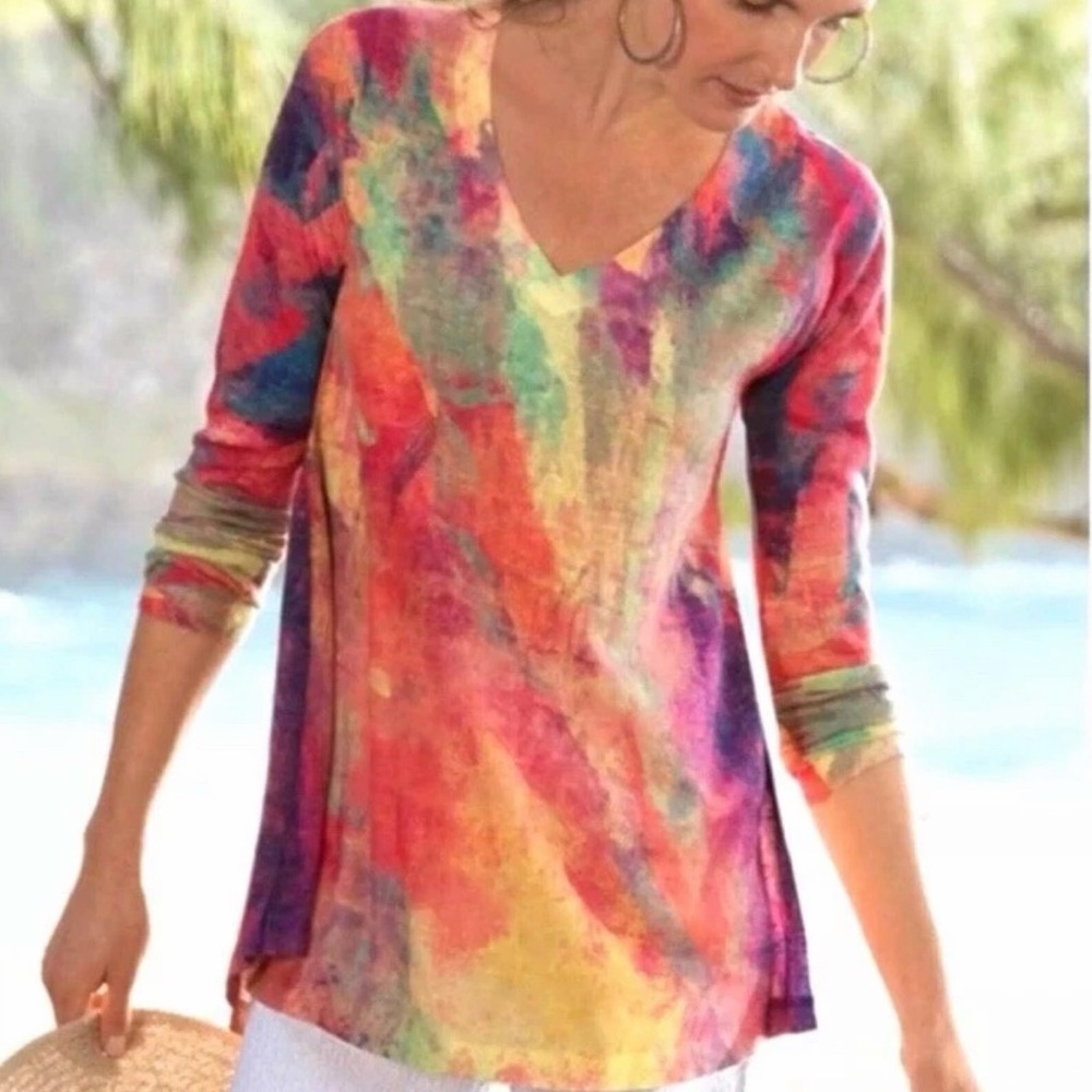 Soft Surroundings Plein De Couleurs Tunic 1X Abstract Watercolor Boho Artsy